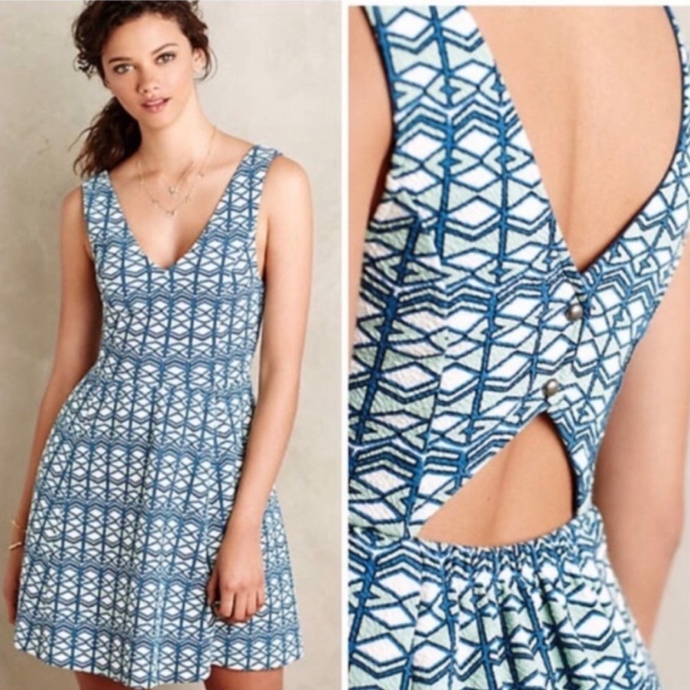 Anthropologie Maeve Blue Patterned Cut Out Dress